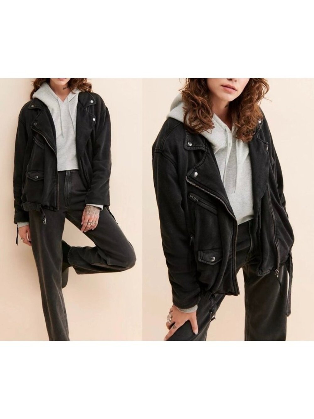 We The Free People Rebel Knit Black Oversized Moto Jacket Women Sz Small Grunge